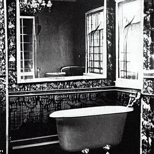 Image similar to a 1 9 5 0 s newspaper photo of a lavish bathroom. the mirror is shattered on the floor