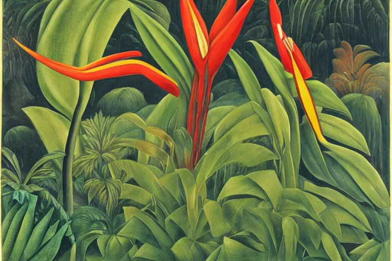 Prompt: heliconia in a graden, art by Henri Rousseau