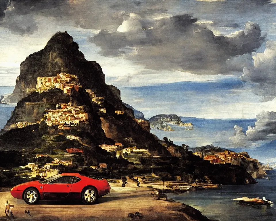 Prompt: a magnificent oil painting of a Ferrari driving along the amalfi coast, in a thunderstorm, by Raphael and Caravaggio.