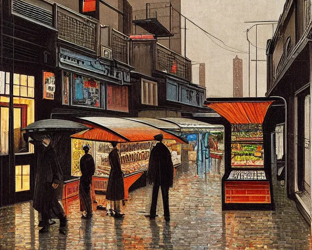 Image similar to street with food stands in a cyberpunk city on a rainy melancholy night by de chirico