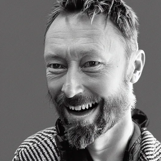 Image similar to Smiling Thom Yorke, with a beard and a black jacket, a portrait by John E. Berninger, dribble, neo-expressionism, uhd image, studio portrait, 1990s