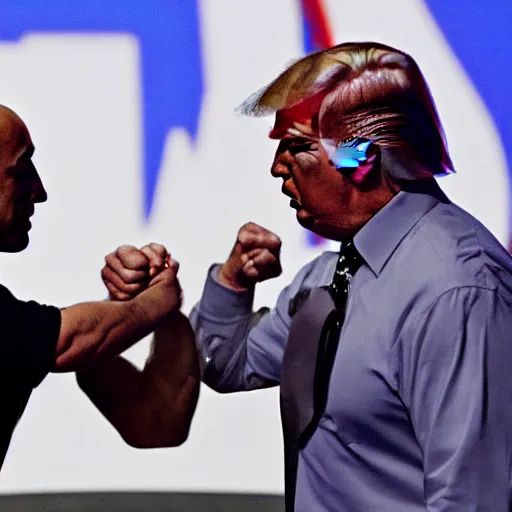 Image similar to joe rogan and donald trump fist bumping, high quality