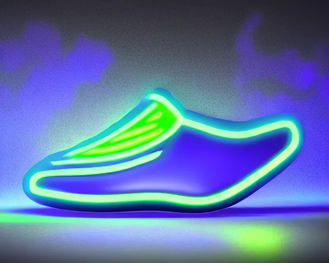 Prompt: A 3D concept desing of futuristic nike sneakers with neon lights from below