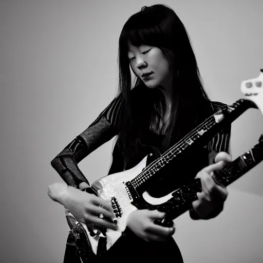 Prompt: a black and white photograph of a female japanese artist playing an electric guitar
