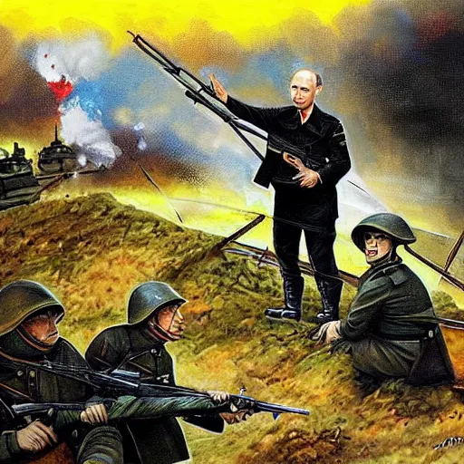 Image similar to Putin is sitting in the trenches and defending himself from Ukrainian troops, Retro futuristic painting style