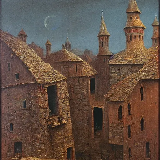 Prompt: an very high detaild oil painting of an old european medieval village painted by beksinski, eerie, midnight