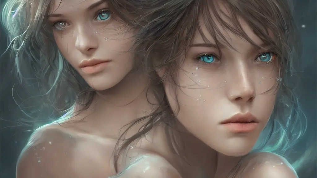 Prompt: a portrait of an lonely female water elemental, elegant, focus, detailed, realistic eyes, horizontal partial symmetry features proportions, intricate facial skin details, award winning, trending in cgsociety artstation deviant art