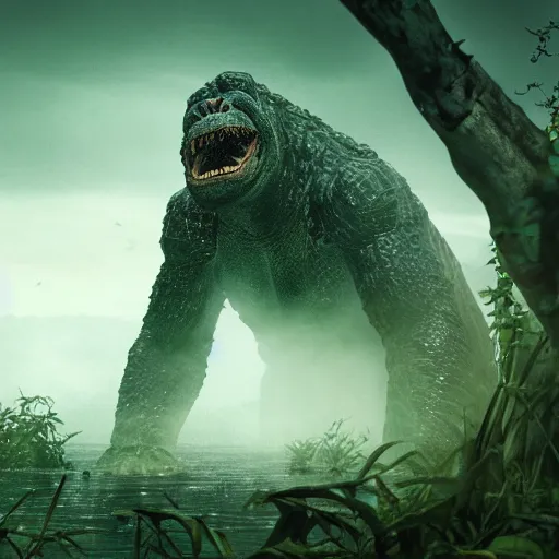 Prompt: A photograph of a giant monster lurking in the swamp, crocodile, mangrove swamp, murky water, vines, gorilla, trending on artstation, ((tiger)), Godzilla