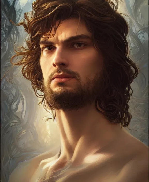 Image similar to portrait close up of guy, concentrated look, symmetry, long hair. d & d, fantasy, intricate, elegant, highly detailed, digital painting, artstation, concept art, art by artgerm and greg rutkowski and alphonse mucha, boris vallejo