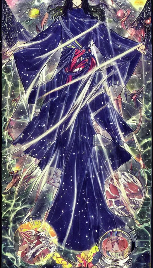 Image similar to anime tarot card based on the card Judgement, drawn by hideaki anno, beautiful lines, cosmic, psychedelic, detailed, clean