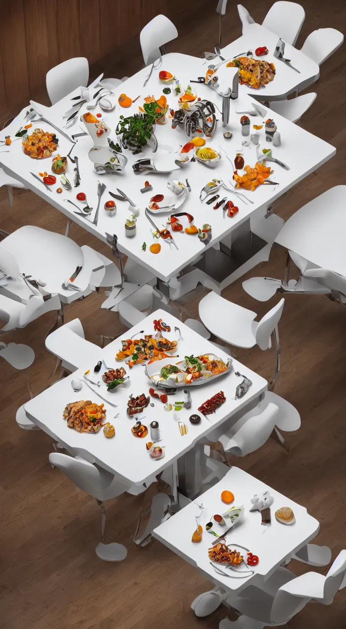 Image similar to three large white glossy kuka industrial robot arms on the floor around a dinner table, the kuka industrial robot arms are wearing bow ties, the table is full of food, they are having dinner inside a fine dining restaurant with mid century modern furniture and decor, global illumination, artstation, fantasy