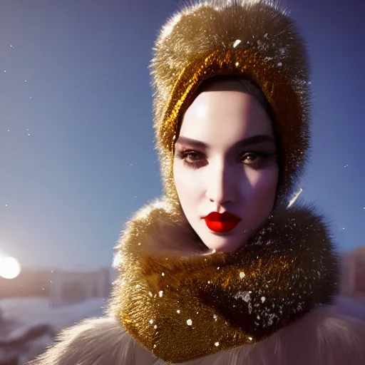 Image similar to avant-garde art, deco fashion, highly detailed, photorealistic portrait, serene snow setting, golden hour, crisp quality and light reflections, unreal engine 5 quality render