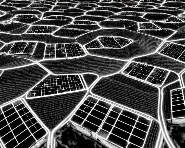 Prompt: black and white connected ecovillage houses - plant goddess high quality photo, microchip, artificial intelligence, bio - mechanical bio - luminescence, black wired cables, neurons, nerve cells, cinematic, rim light, photo - realistic, elegant, high detail, 8 k, masterpiece, high fashion, in the style of man ray