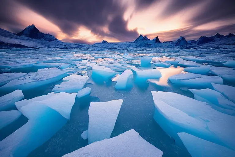 Image similar to moody landscape photography by marc adamus, greenland, sunset, ice