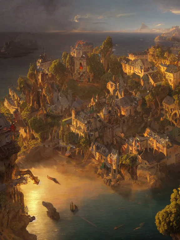 Prompt: an oil painting of an aerial view of a seaside Dungeons & Dragons fantasy town on a beautiful dawn by carl spitzweg and tuomas korpi. full-length view. baroque element. intricate artwork by caravaggio. Trending on artstation. halo. octane render, cinematic, hyper realism, 8k