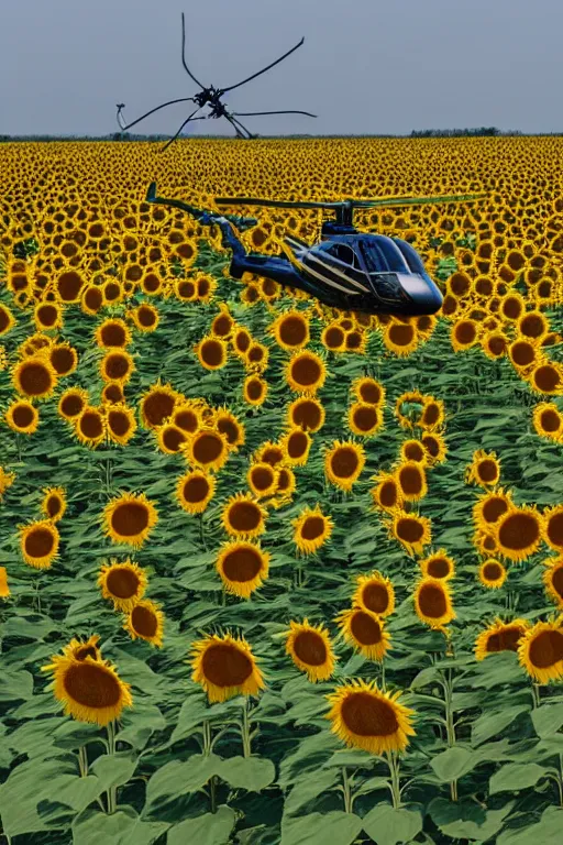 Prompt: Helicopter landing in a sunflower field, five people waiting on the land in suits