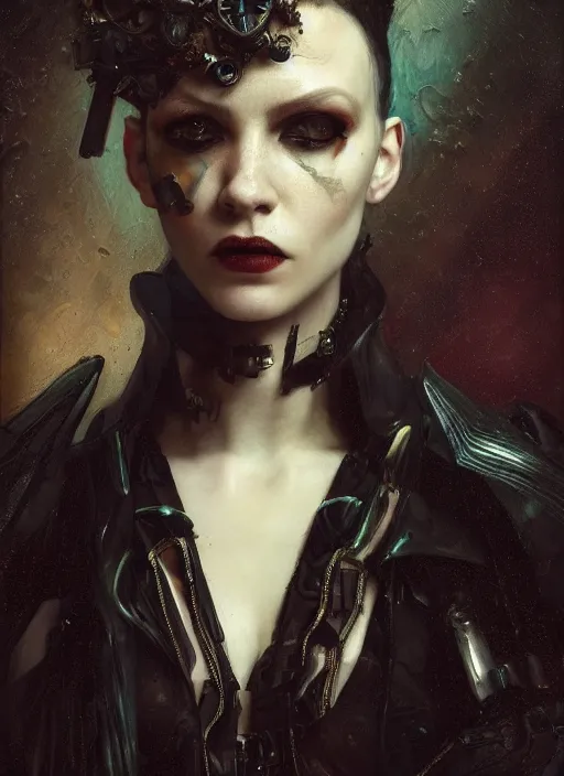 Image similar to highly detailed oil painting | very intricate | cinematic lighting | award - winning | cyberpunk goth fashion by alexander mcqueen | by roberto ferri, by tom bagshaw, by j. c. leyendecker and klimt, american romanticism, by austin osman spare, artstation, cgsociety, official art, octane