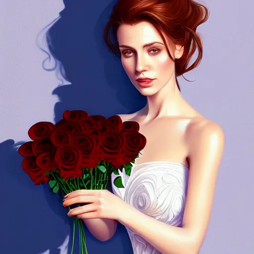 Image similar to portrait of a gorgeous woman holding a bouquet of roses in the style of stefan kostic, auburn hair, intricate, white dress, elegant, highly detailed, 8 k, art by artgerm, mark hill