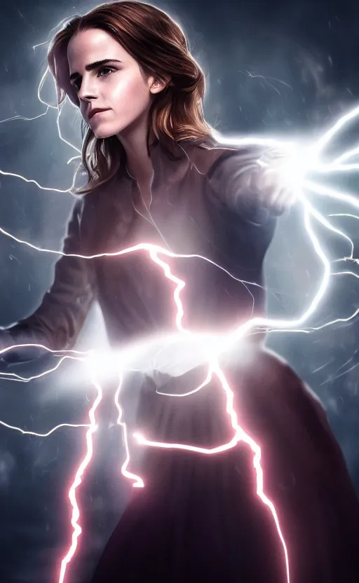 Image similar to Emma Watson casting an electricity spell. Digital art trending on artstation. 4k. Tyndall effect.