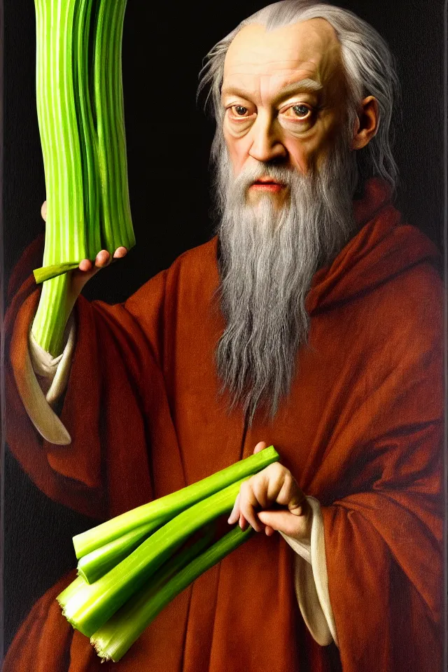 Prompt: bizarre renaissance portrait of dumbledore as a highly detailed celery stick, dramatic cinematic lighting, 8 k, beautiful intricate painting