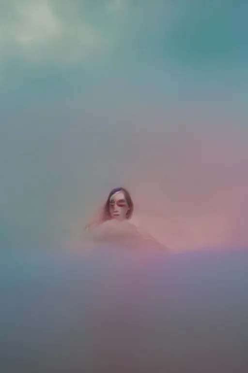 Image similar to high quality pastel coloured film close up wide angle photograph of a model wearing clothing swimming on cloud furniture in a icelandic black rock!! environment in a partially haze filled dreamstate world. three point light, rainbow. photographic production. art directed. pastel colours. volumetric clouds. pastel gradient overlay. waves glitch artefacts. extreme facial clarity. 8 k. filmic.