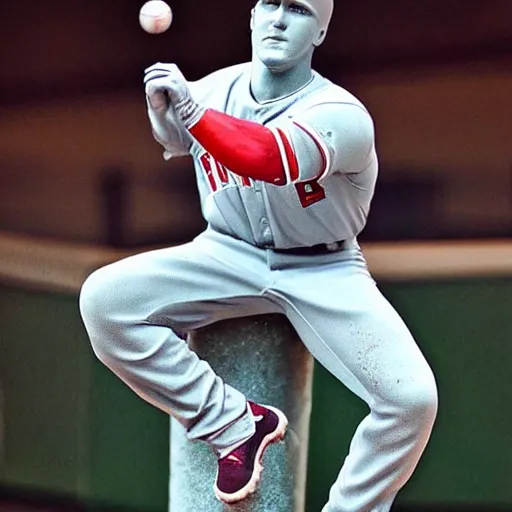 Prompt: “a realistic detailed photo of a guy who is named Mike Trout a baseball player, frozen like a statue, with shiny skin, by a pool, on display”