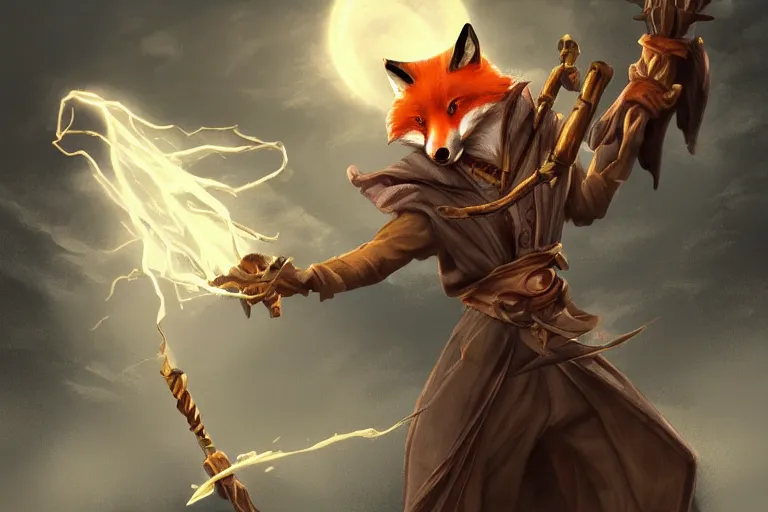 Prompt: the fox magician with a black robe blast a thunder spell with his staff, thunder ray, mountain, clouds, artstation