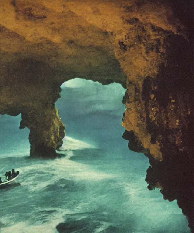 Image similar to color photo of a 1 9 2 5 seiner sailing with the jamaican shoreline with the mouth of a sea cave at the waterline, dark, brooding, atmospheric, seascape, lovecraft, horror, smooth, epic, highly detailed, cinematic, annie lebowitz