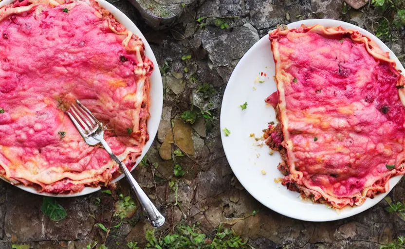 Image similar to pink lasagna, food photography, outdoors