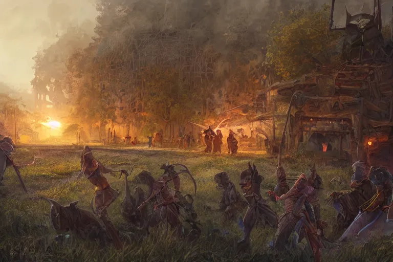 Image similar to allies who long spoke in one voice now squabble over petty differences. merchants seize farmland to build their roads ; farmers uproot sacred groves to plant their crops. sunset lighting ominous shadows, cinematic fantasy painting, dungeons and dragons, jessica rossier and brian froud