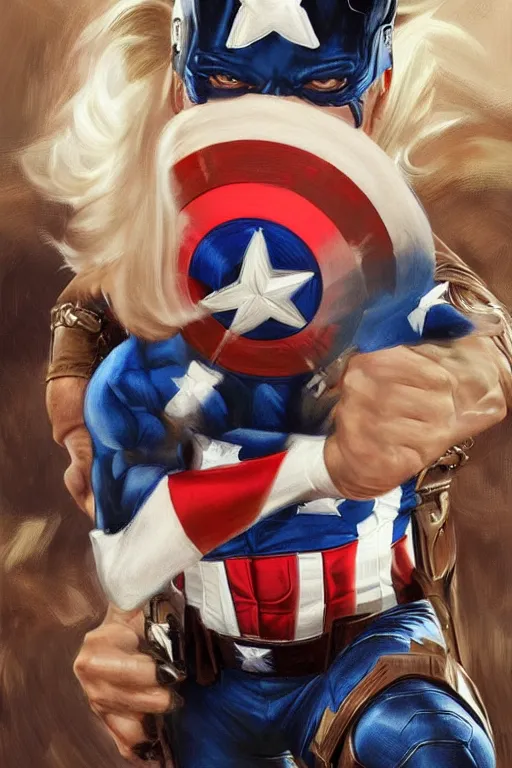 Prompt: hyperrealistic painting of Donald Trump as Captain America, D&D, fantasy, photorealism, accurate depiction, intricate, elegant, highly detailed, digital painting, post processing, extremely detailed, face symmetry, artstation, concept art, matte, smooth, sharp focus, illustration, art by Artgerm and Greg Rutkowski and Alphonse Mucha, oil painting, 8k