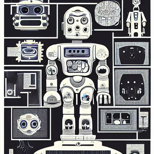 Prompt: a diagram of a robot body with various parts, cyberpunk art by eduardo paolozzi, behance contest winner, computer art, greeble, steampunk, poster art, james turrell, post it note art, optical illusion art, joseph stella, andy warhol, venus of willendorf, vintage robot, robot illustration