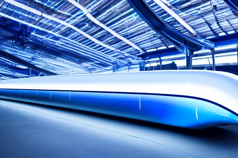 Prompt: transparent long dark - blue plastic hyperloop by zaha hadid, space capsule with ray tracing glowing in the dark blue, dark blue moody monochrome colors,