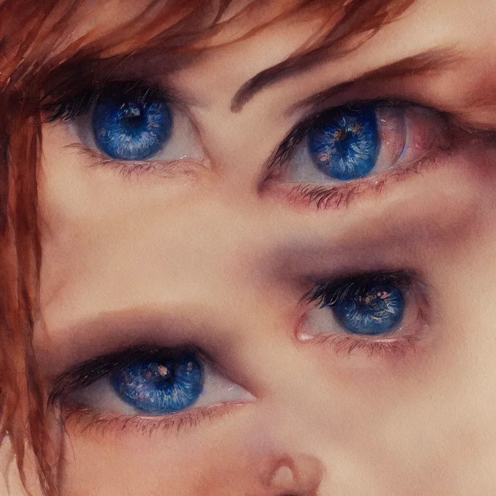 Image similar to a beautiful watercolor painting close up of a womans eyes, she looks determined, confident, strong, highly detailed, digital painting, artstation, concept art, art by delphin enjolras and alphonse mucha, smooth, sharp focus, dynamic lighting, ultrarealistic, cinematic, octane render, 8 k