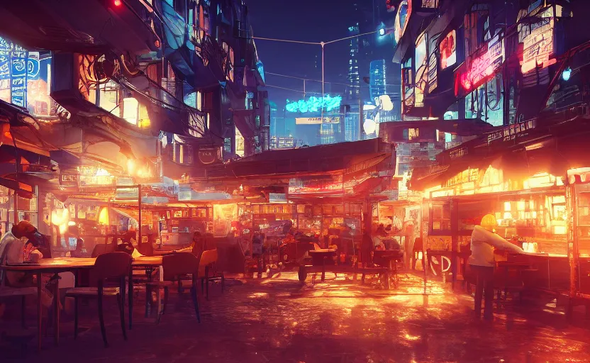 Image similar to a cozy relaxed cafe, looking out at the bustling underbelly of a thriving cyberpunk city at night, trending on cgsociety, unreal engine, 4 k wallpaper