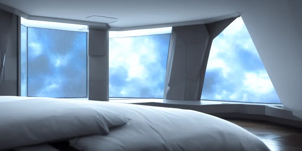 Prompt: angled closeup to a corner in a futuristic confy white bedroom, with wood and gold details and a huge futuristic glass window overlooking space, blue skies and a white planet floating in the sky, environmental lighting, stormy weather and alien space sky, ray tracing, amazing view, highly detailed, octane render, unreal engine 5, 4 k