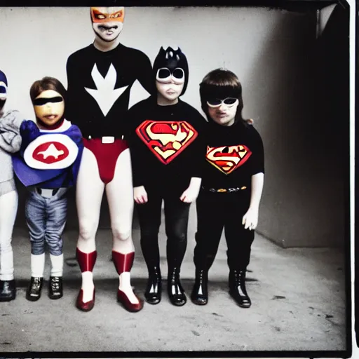 Image similar to a group of kids wearing superhero-outfits, photography 1980 kodak cam