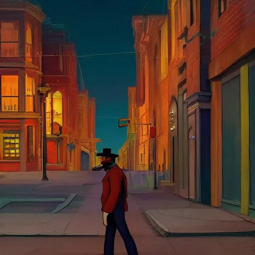 Image similar to a lonely street of a steampunk city at night, only one sad man walking down the street, in the style of Edward hopper, 4k,