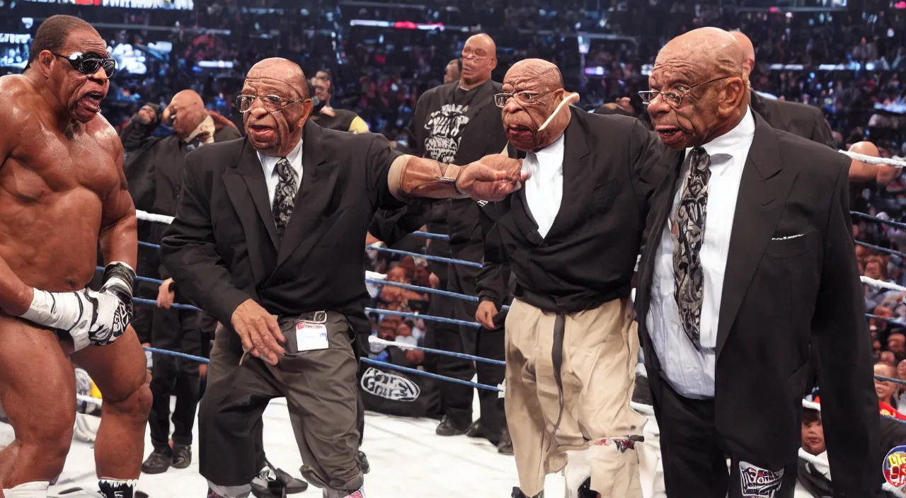 Prompt: still of teddy long telling bigfoot he's going to go one on one with the undertaker