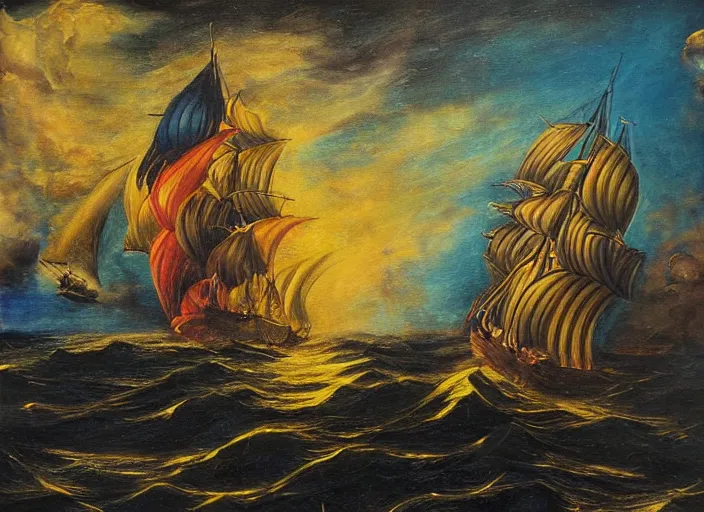 Prompt: the tempest maritime painting artistic rendition saturated colors deep blacks