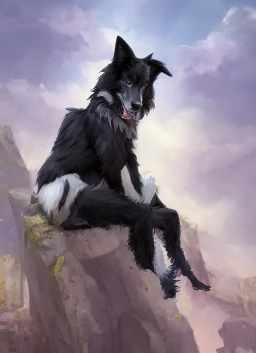 Image similar to wide angle beautiful full body portrait of a cute male anthropomorphic anthro border collie fursona wearing a jumpsuit on basalt columns, character design by charlie bowater, henry asencio, and ross tran, disney, scenic background, detailed, glamor pose, aesthetic, trending on artstation, furaffinity, deviantart