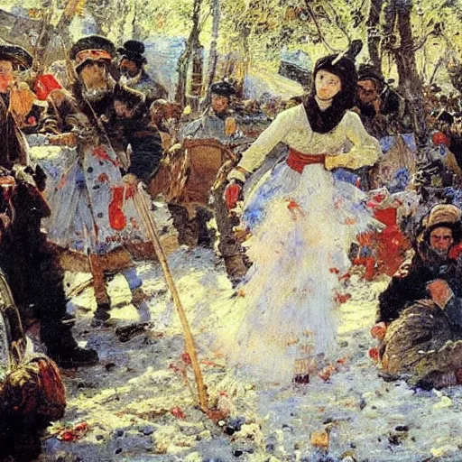 Prompt: painting masterpiece by vasnetsov and surikov, JEAN-VICTOR BERTIN, by Terence Cuneo, detailed, t artfully traced