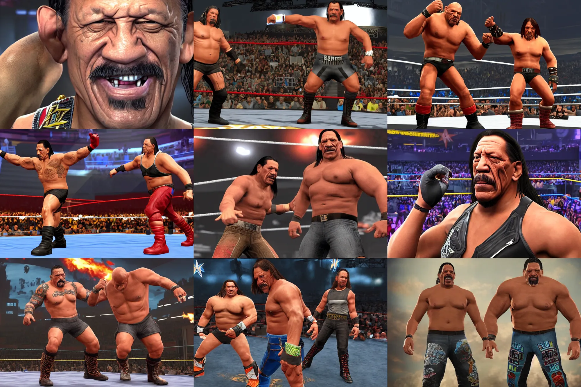 Prompt: a promotional gameplay screenshot of danny trejo in the video game wwe all stars. 3 d rendering. very detailed