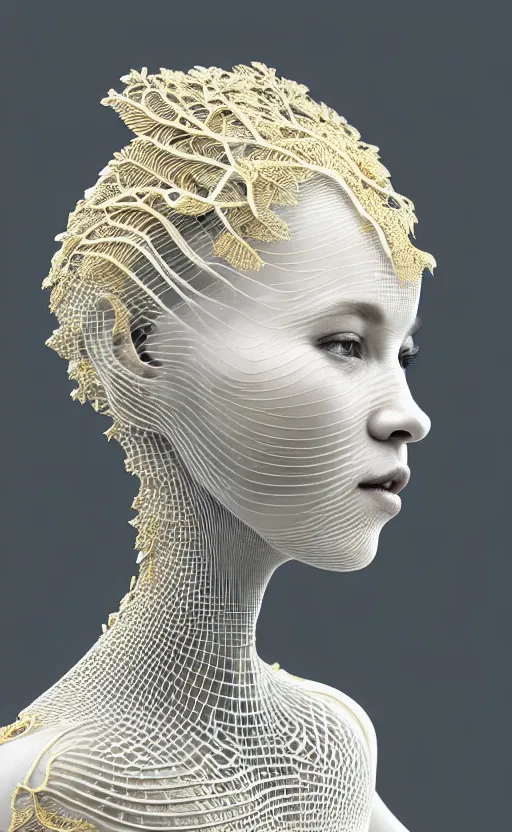 Image similar to complex 3d render of a beautiful porcelain profile woman face, vegetal dragon cyborg, 150 mm, beautiful natural soft light, rim light, silver gold details, magnolia leaves and stems, roots, fine lace, maze like, mandelbot fractal, anatomical, facial muscles, cable wires, microchip, elegant, highly detailed, white metallic armour, octane render, black and white, H.R. Giger style