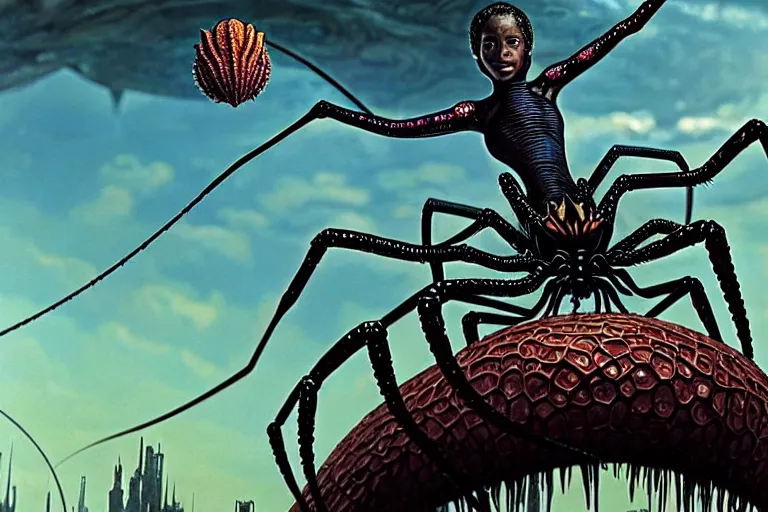 Image similar to realistic detailed closeup portrait movie shot of a beautiful black woman riding a giant spider, dystopian city landscape background by denis villeneuve, amano, yves tanguy, alphonse mucha, max ernst, ernst haeckel, roger dean, cyber necklace, rich moody colours, sci fi patterns, wide angle
