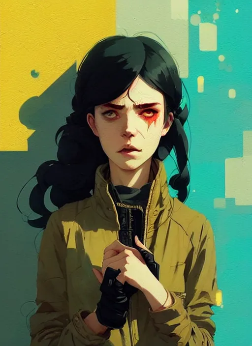 Image similar to highly detailed portrait of a moody dystopian young adult lady by atey ghailan, by greg rutkowski, by greg, tocchini, by james gilleard, by joe fenton, by kaethe butcher, gradient yellow, black, brown and cyan color scheme, grunge aesthetic!!! ( ( graffiti tag city background ) )