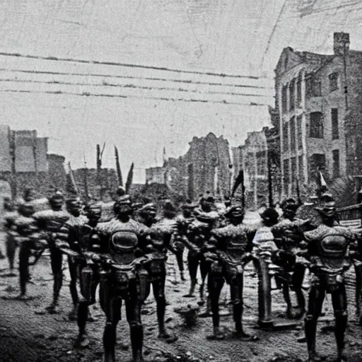 Image similar to grainy 1800s photo of a cybernetic army that is invading a city