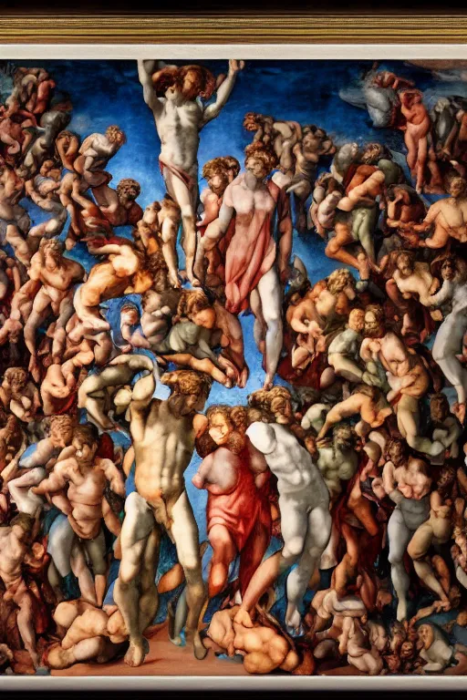 Image similar to a scene of a movie of michelangelo antonioni in the style of the last judgement by michelangelo. technicolor, grandiose, cinematic, 5 0 mm, highly detailed, romantic