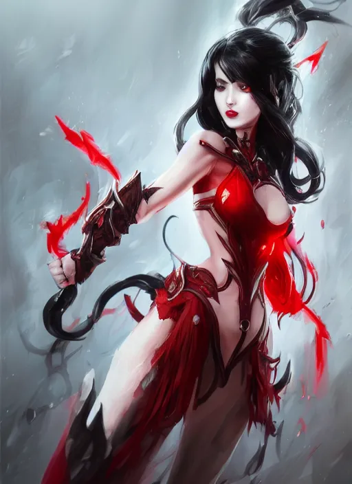 Image similar to a highly detailed illustration of beautiful long hime cut black hair white woman wearing a red battle dress, red eyes, dramatic smile pose, intricate, elegant, highly detailed, centered, digital painting, artstation, concept art, smooth, sharp focus, league of legends concept art, WLOP