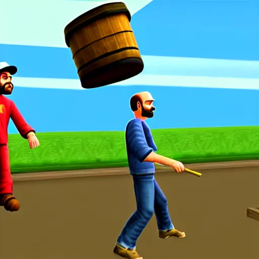 Prompt: jessie pinkman and walter moving barrel, nintendo 6 4 screenshot, low poly, aliased